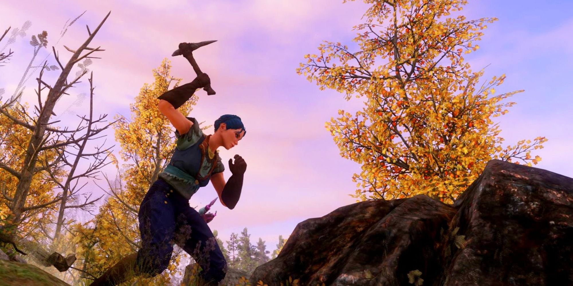 Player mines an iron vein in the forest