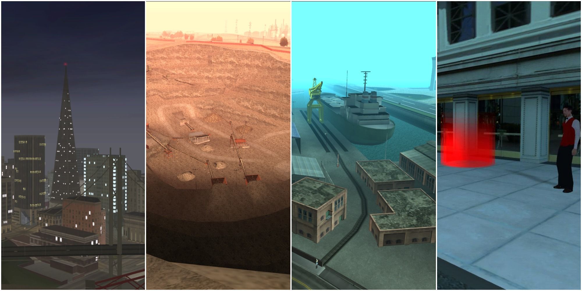 Split image of San Fierro, the quarry, the docks and valet parking in GTA SA