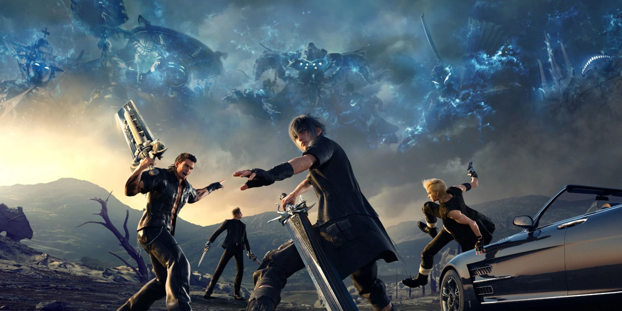 The main party of final fantasy 15 with their weapons drawn and the regalia in the background