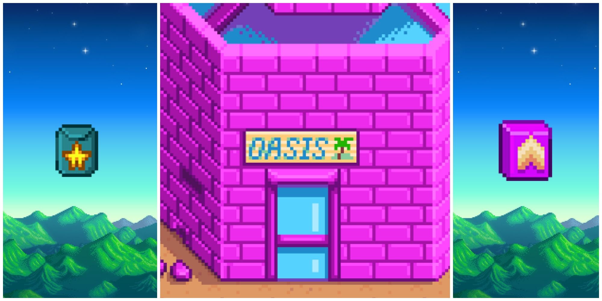 Split image of Starfruit Seeds, the Oasis store building, and Deluxe Speed-Gro from left to right