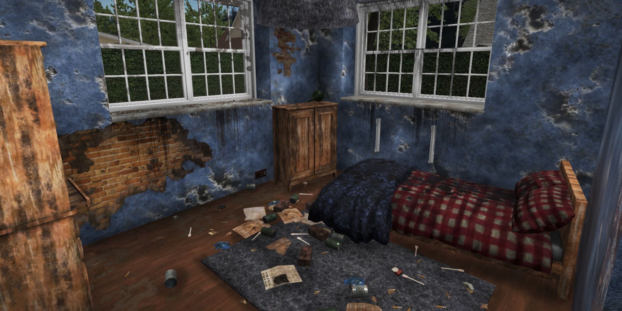 Abandoned bedroom with exposed brick walls, a messy floor, and dirty bed in House Flipper.