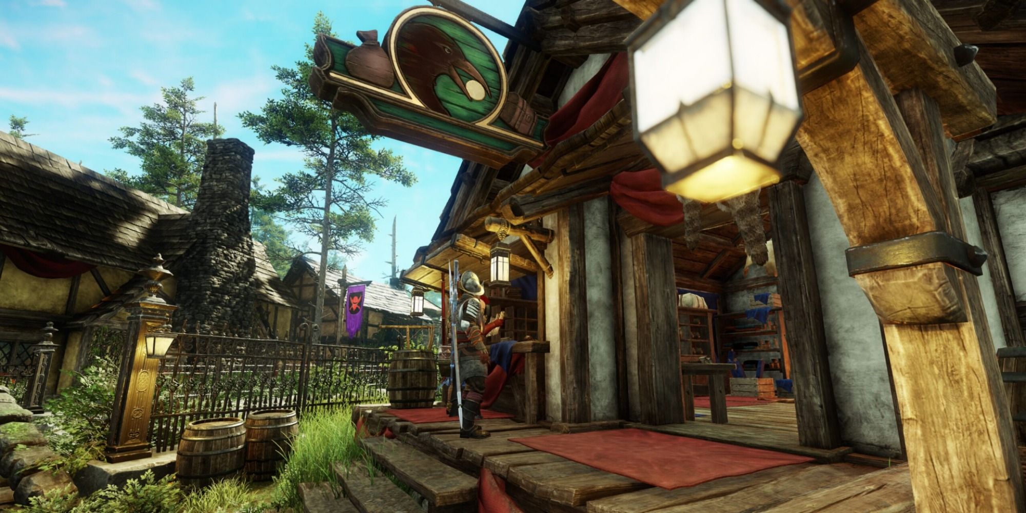 A player stands at a trading post counter in a town