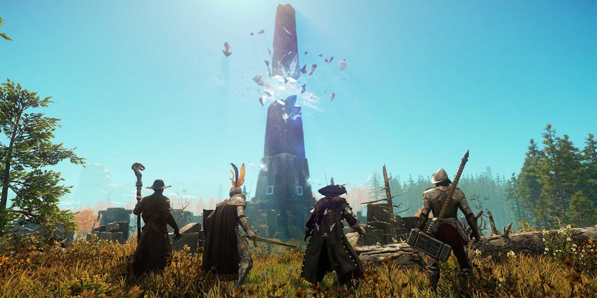 A group of armed players stand before the magically shattered obelisk