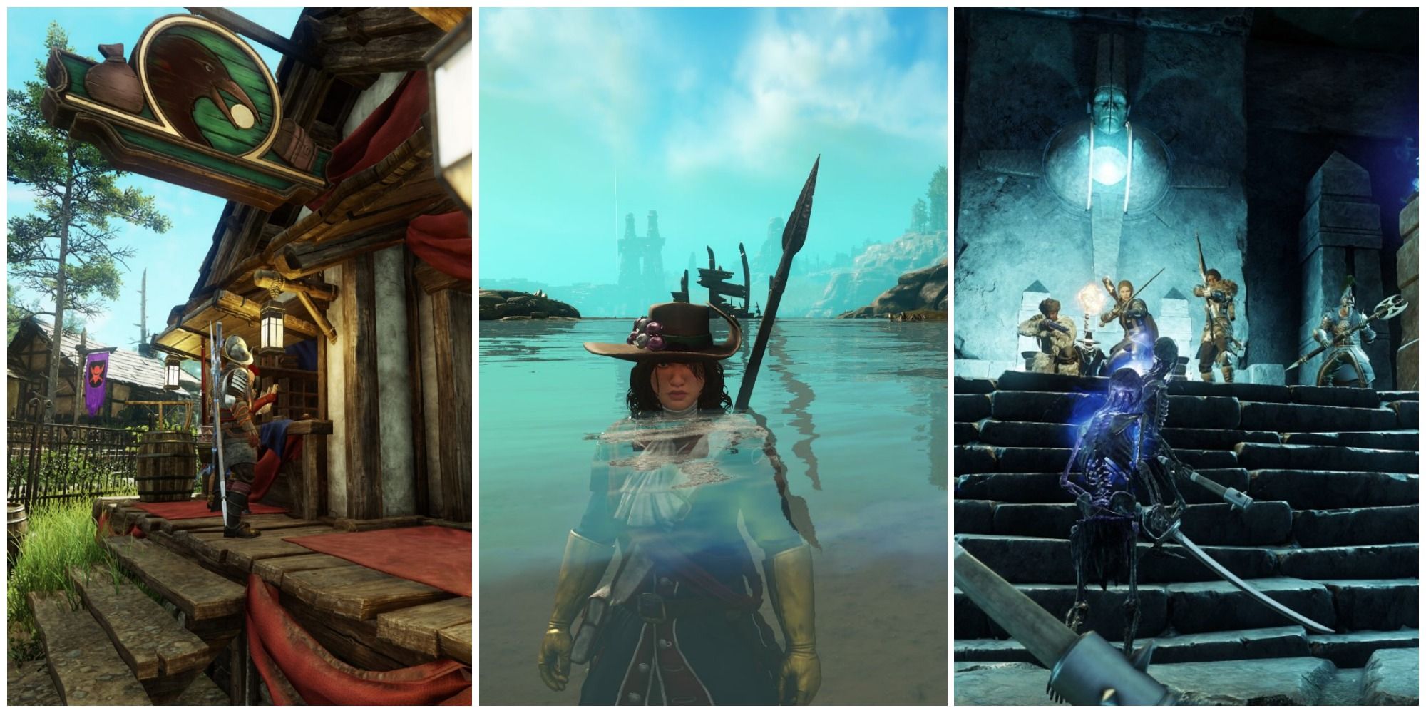 Split image of Trading Post, a player standing neck-deep in water, and skeletons coming up stairs towards armed players, from left to right