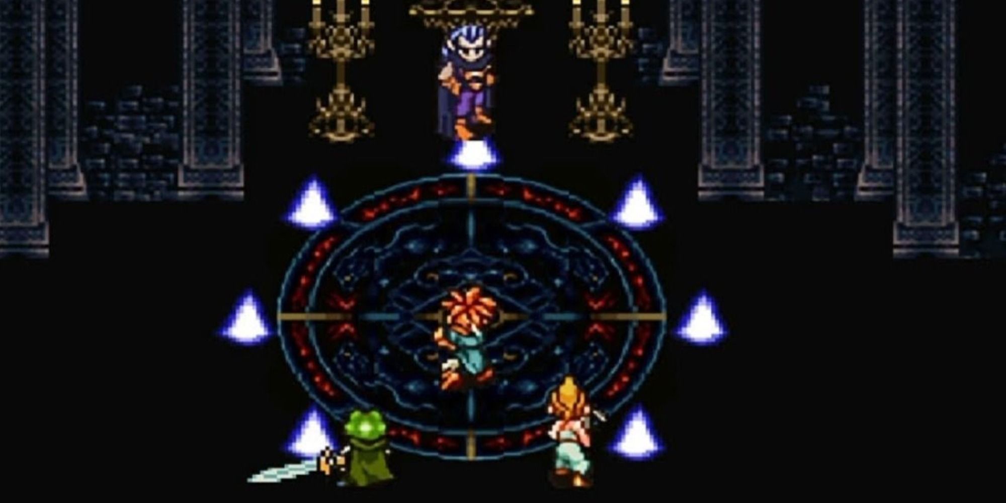 Crono, Marle, and Frog facing Magus in Chrono Trigger