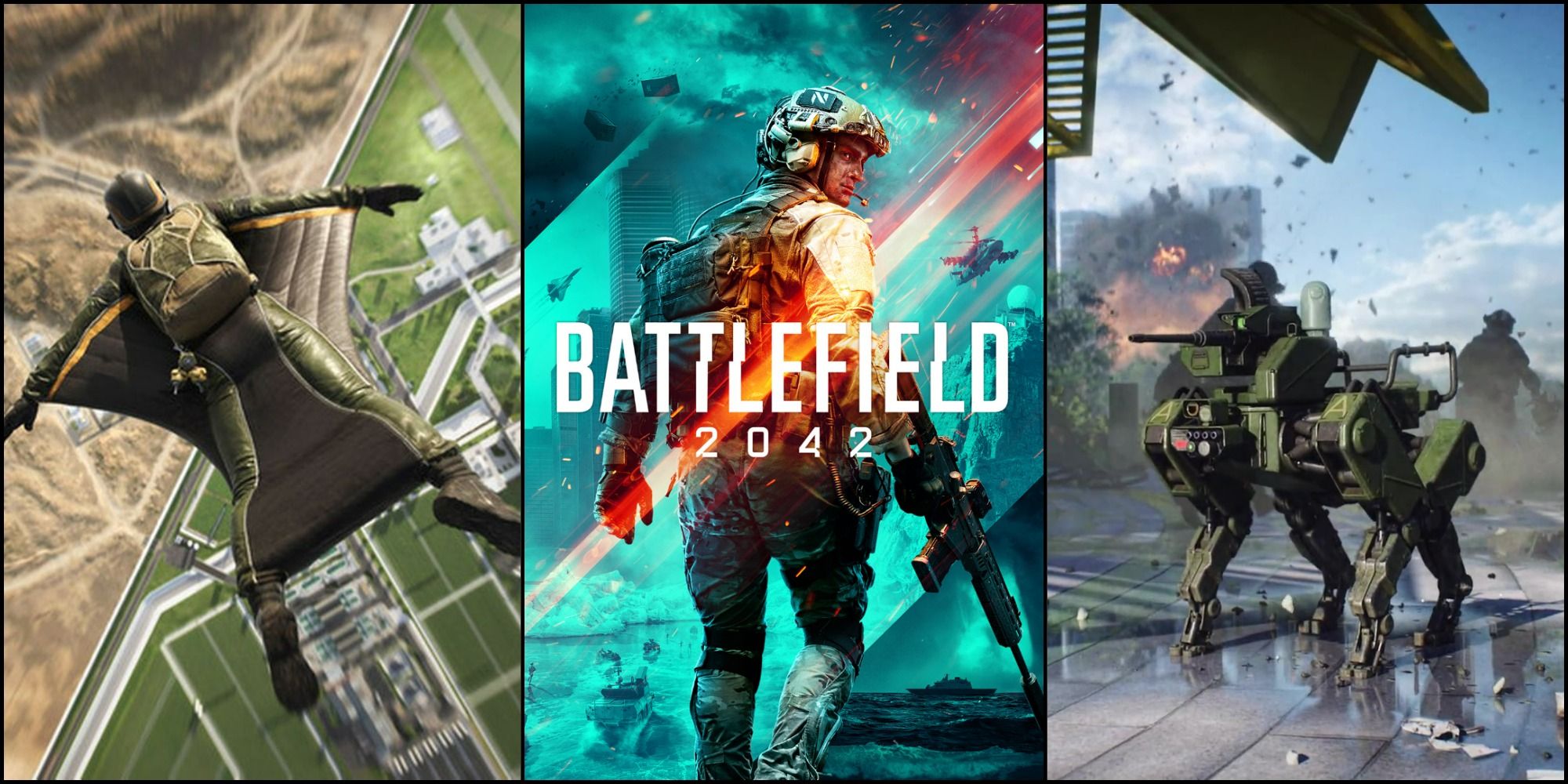 Battlefield 2042 soldier in the center, wingsuit on the left, robot dog on the right