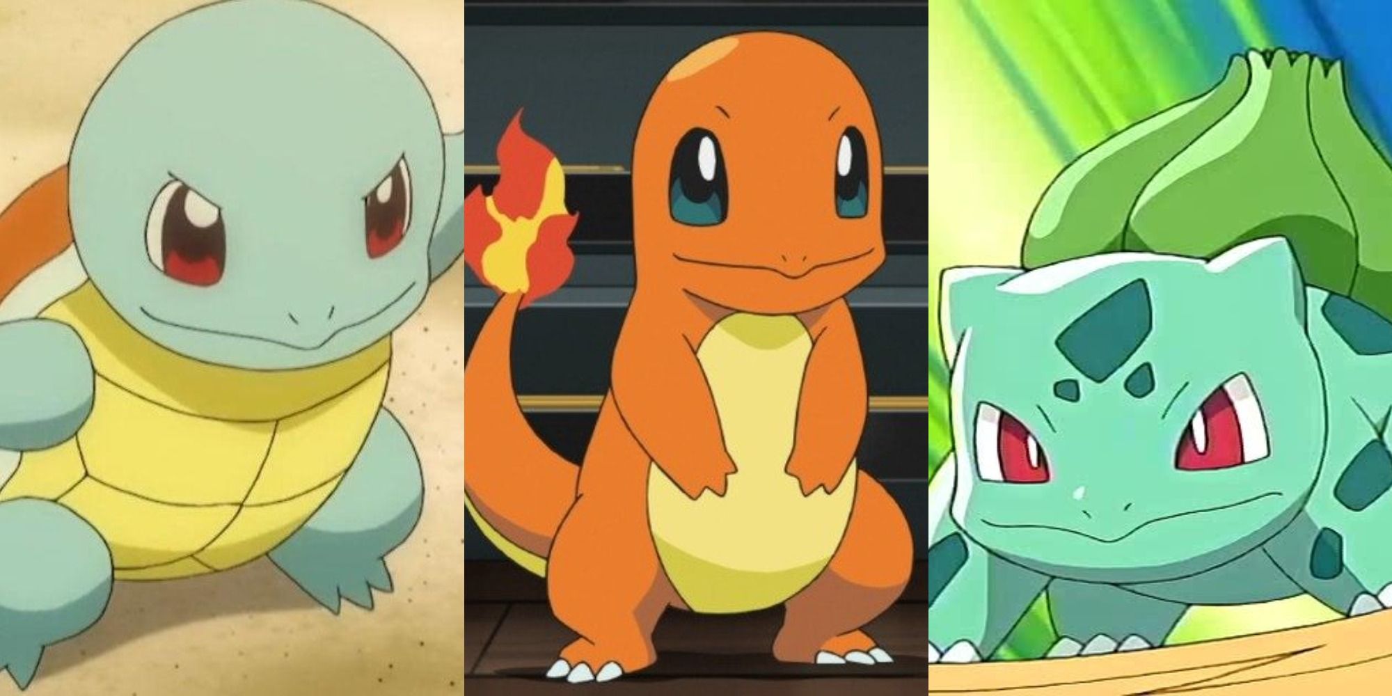 pokemon kanto starters, squirtle, charmander, and bulbasaur