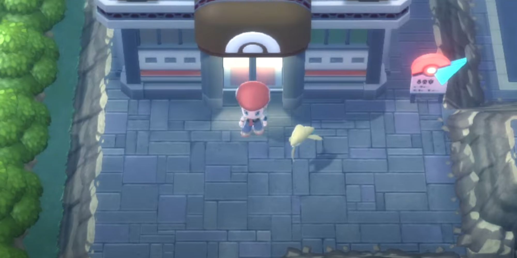 Player standing outside Veilstone Gym in Pokemon BDSP