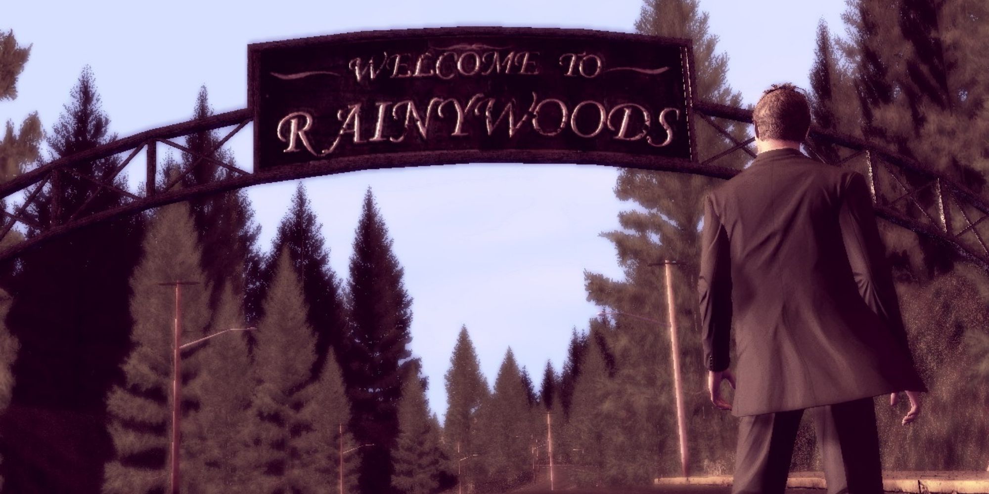 Deadly Premonition's main character, Detective Francis York Morgan, looks at a sign that reads "Welcome to Rainy Woods"