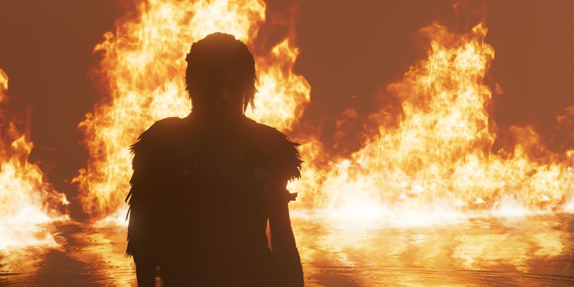 A screenshot showing Lara Croft's silhouette in front of burning flames in Shadow of the Tomb Raider
