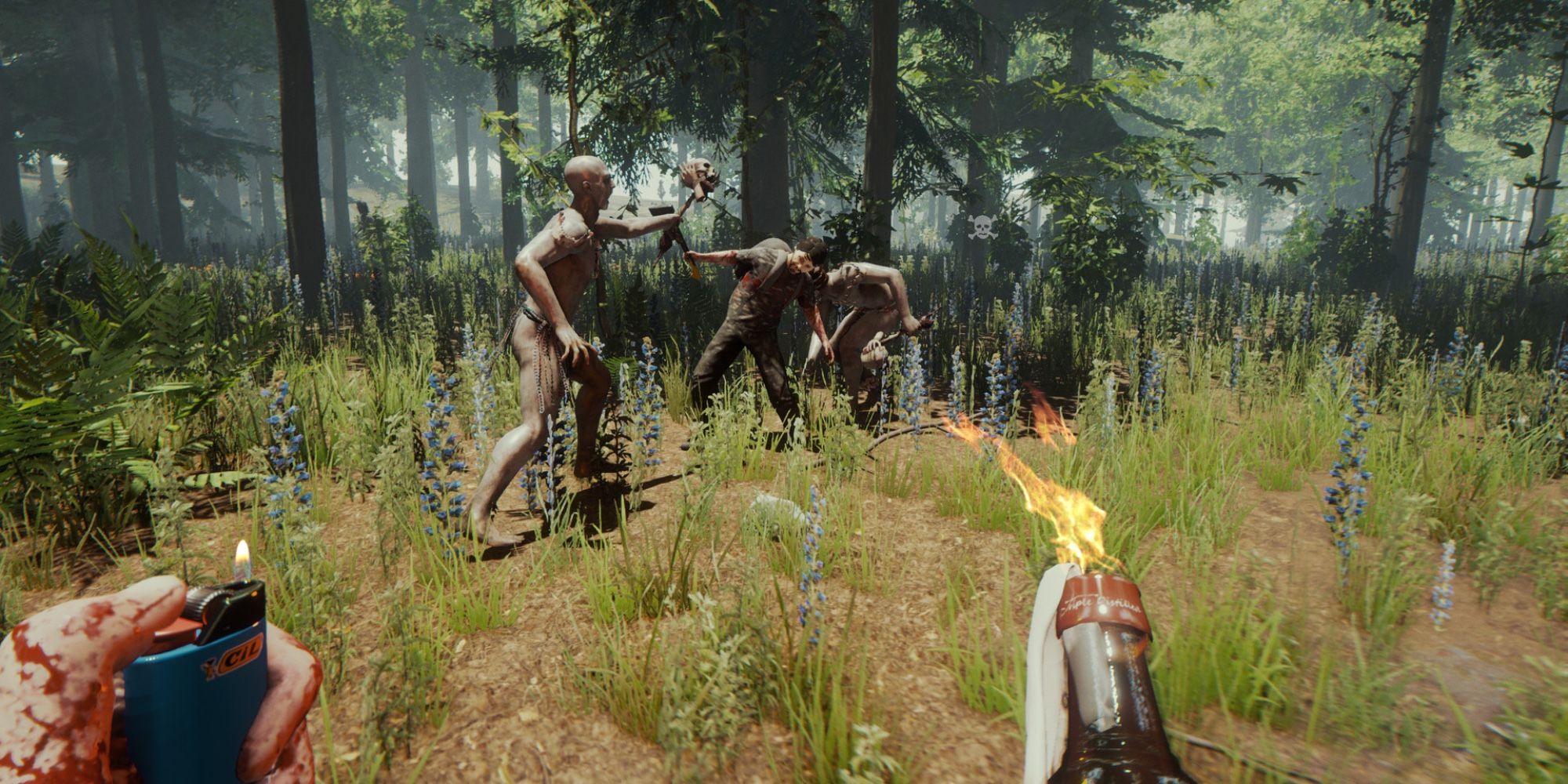 the character facing off against enemies in the forest