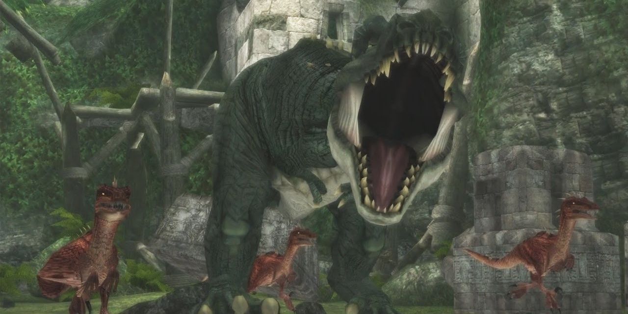 A screenshot showing a T-rex and a pack of velociraptors in Tomb Raider: Anniversary