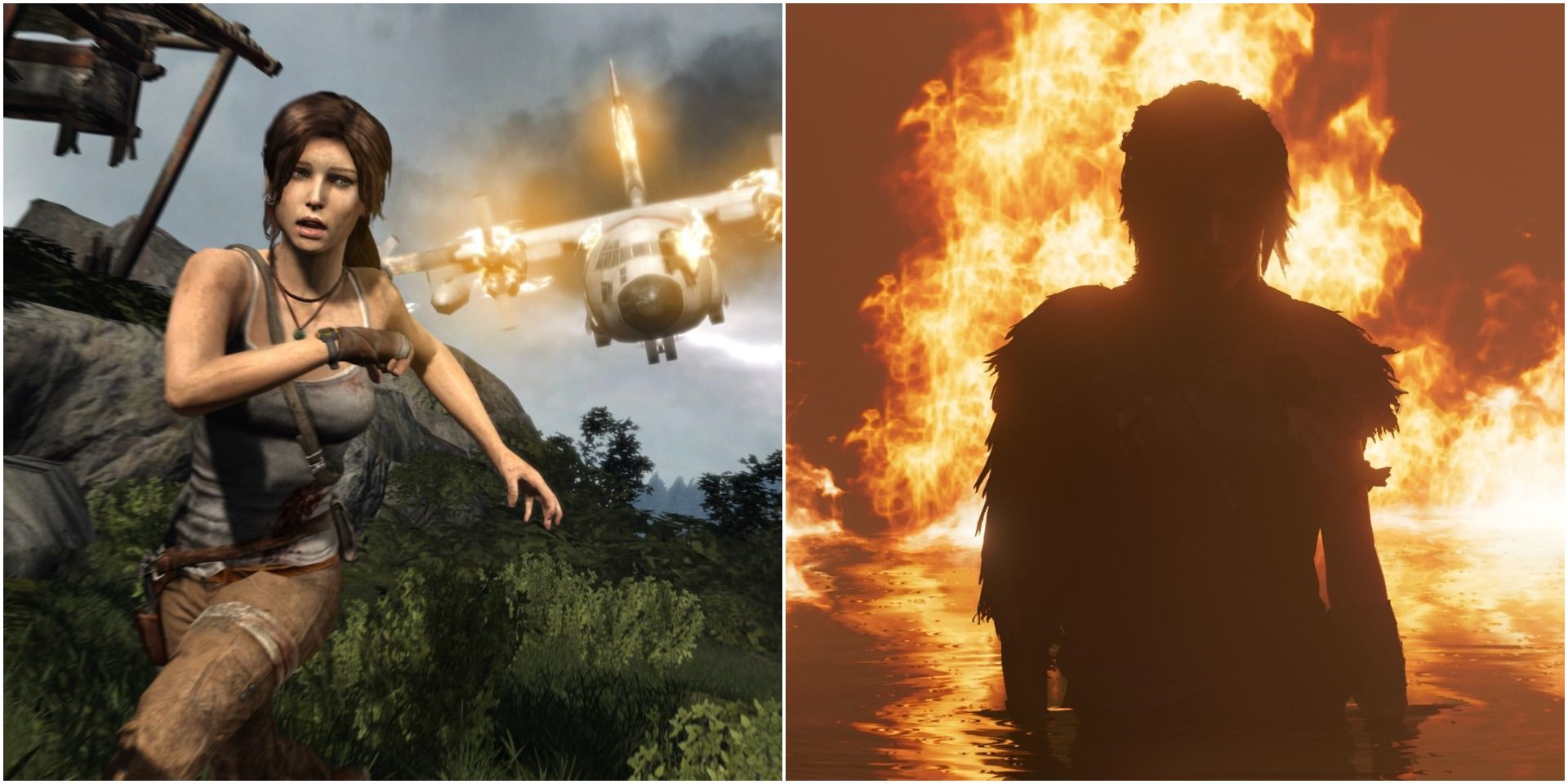 A collage showing action scenes in the Tomb Raider series