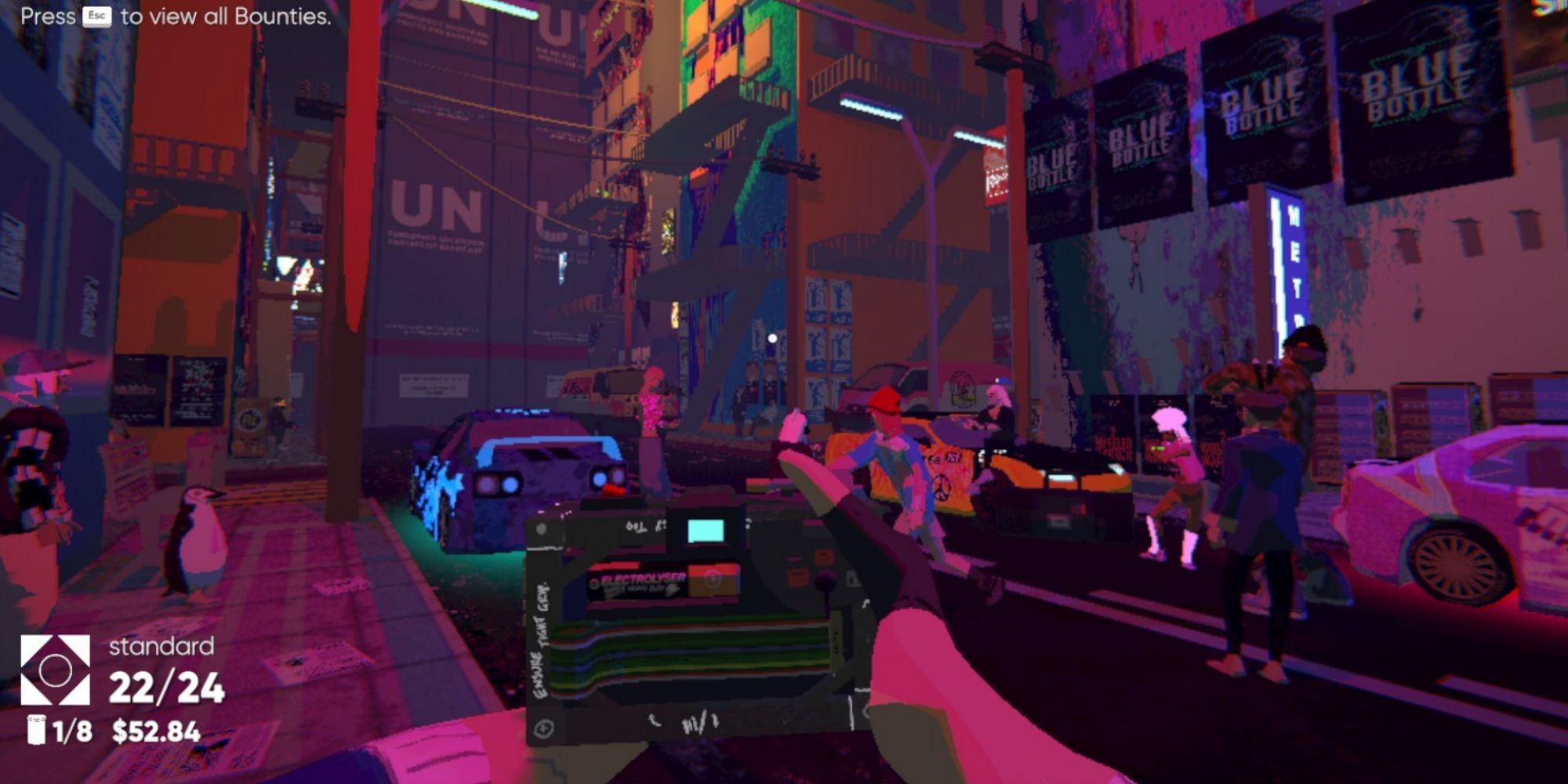The main character holds his camera in a crowded cityscape in Umurangi Generation
