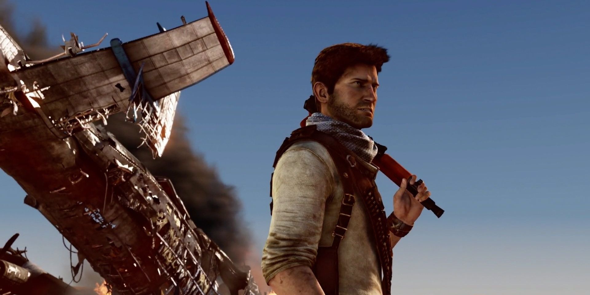 A photo depicting Nate in front of a crashed plane in Uncharted 3: Drake's Deception