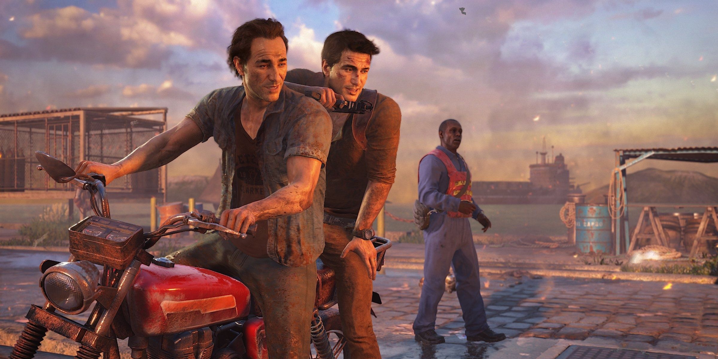 A screenshot showing Nate and his brother on a bike in Uncharted 4: A Thief's End