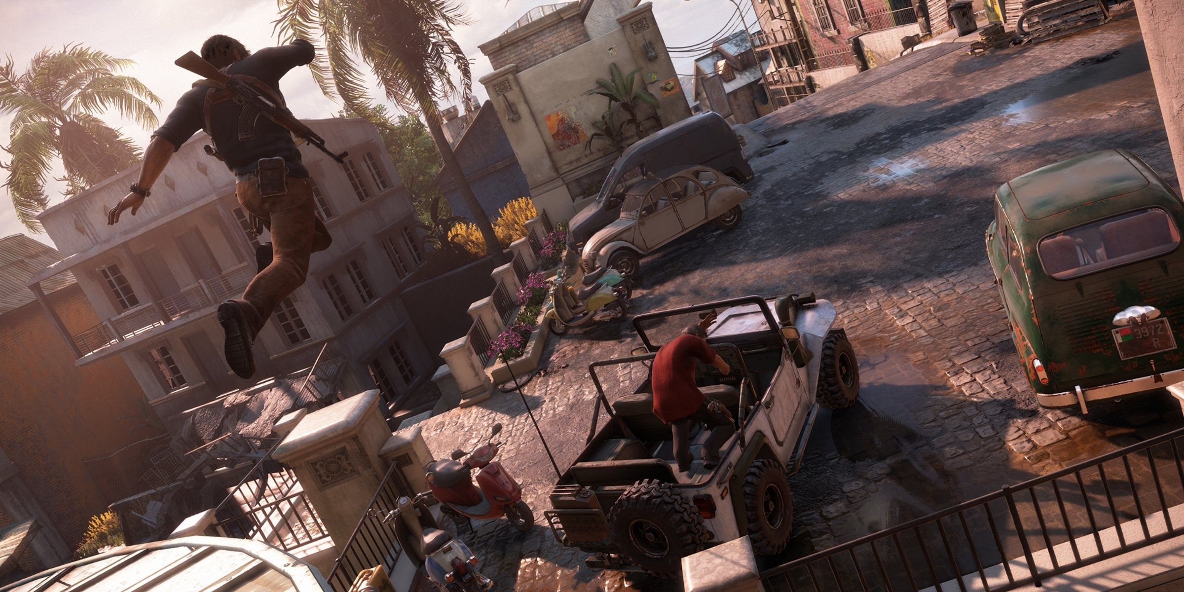 A screenshot showing Nate leaping onto a jeep in Uncharted 4: A Thief's End