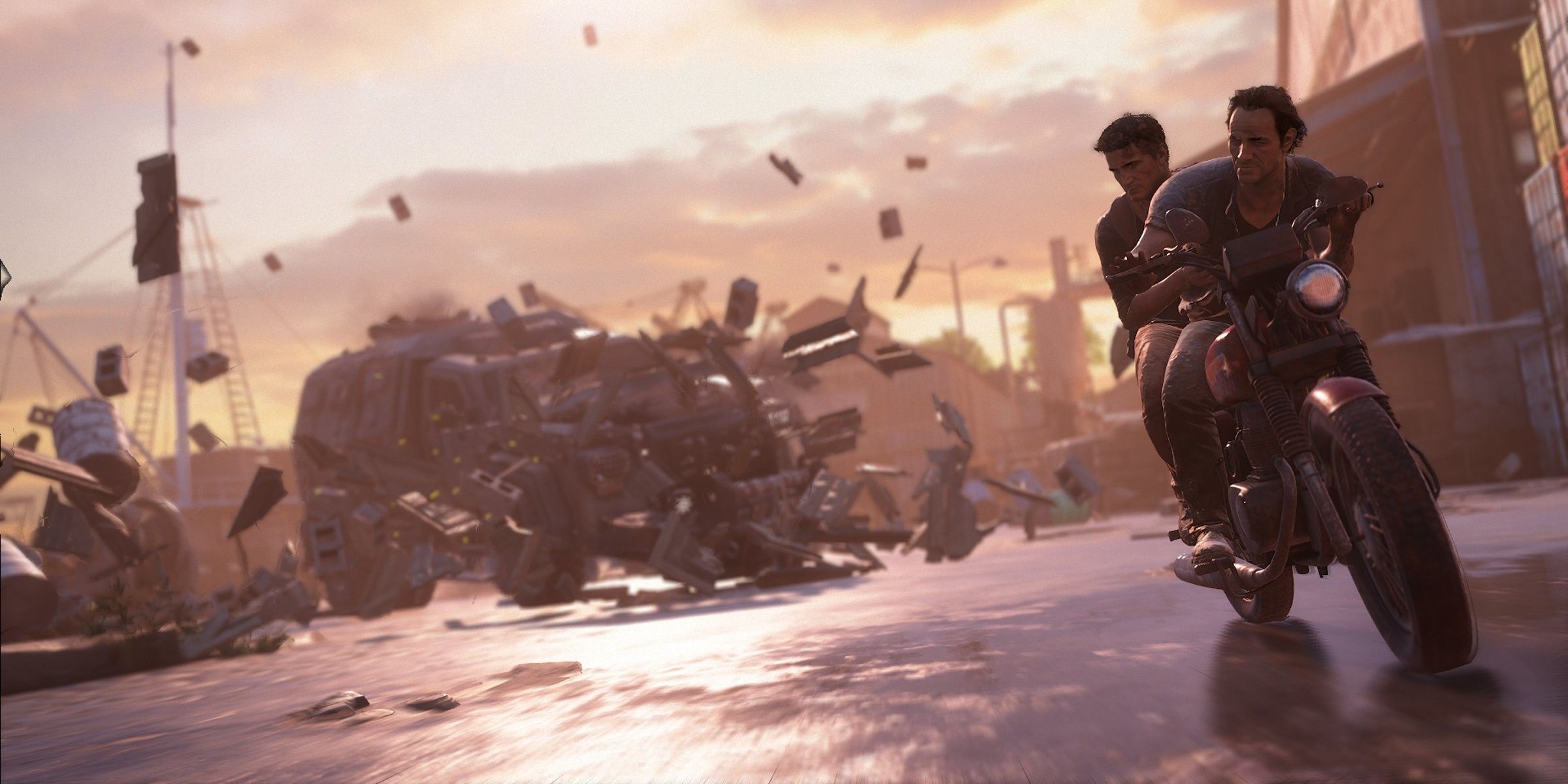 A screenshot showing Sully and Nate being chased by a tank in Uncharted 4: A Thief's End