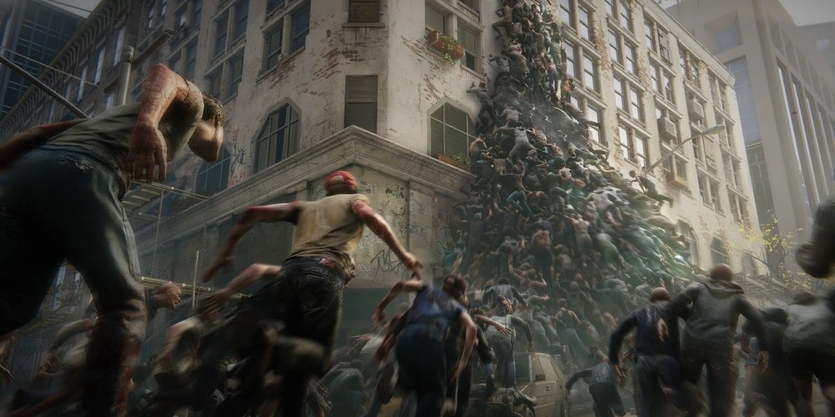 world war z zombies  climbing up a building in waves