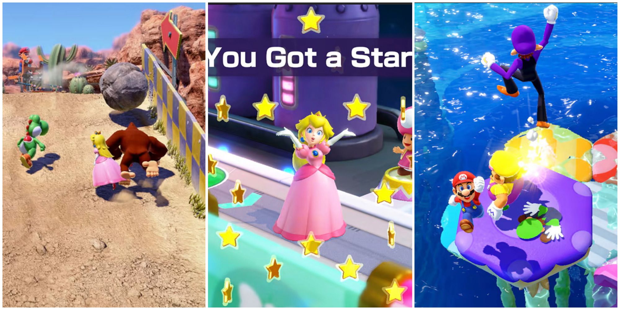 yoshi, peach, DK running up hill, peach getting a star, waluigi jumping on characters mario party superstar