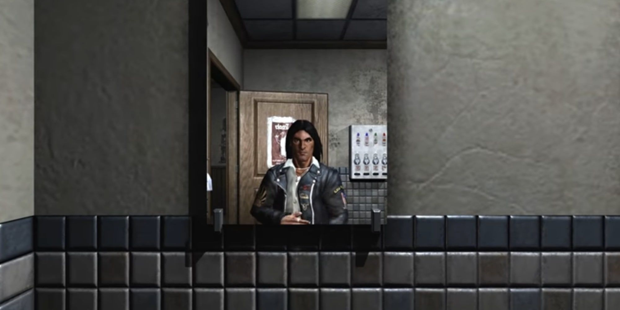 Prey protagonist Tommy Tawodi looking at his reflection in the bathroom mirror
