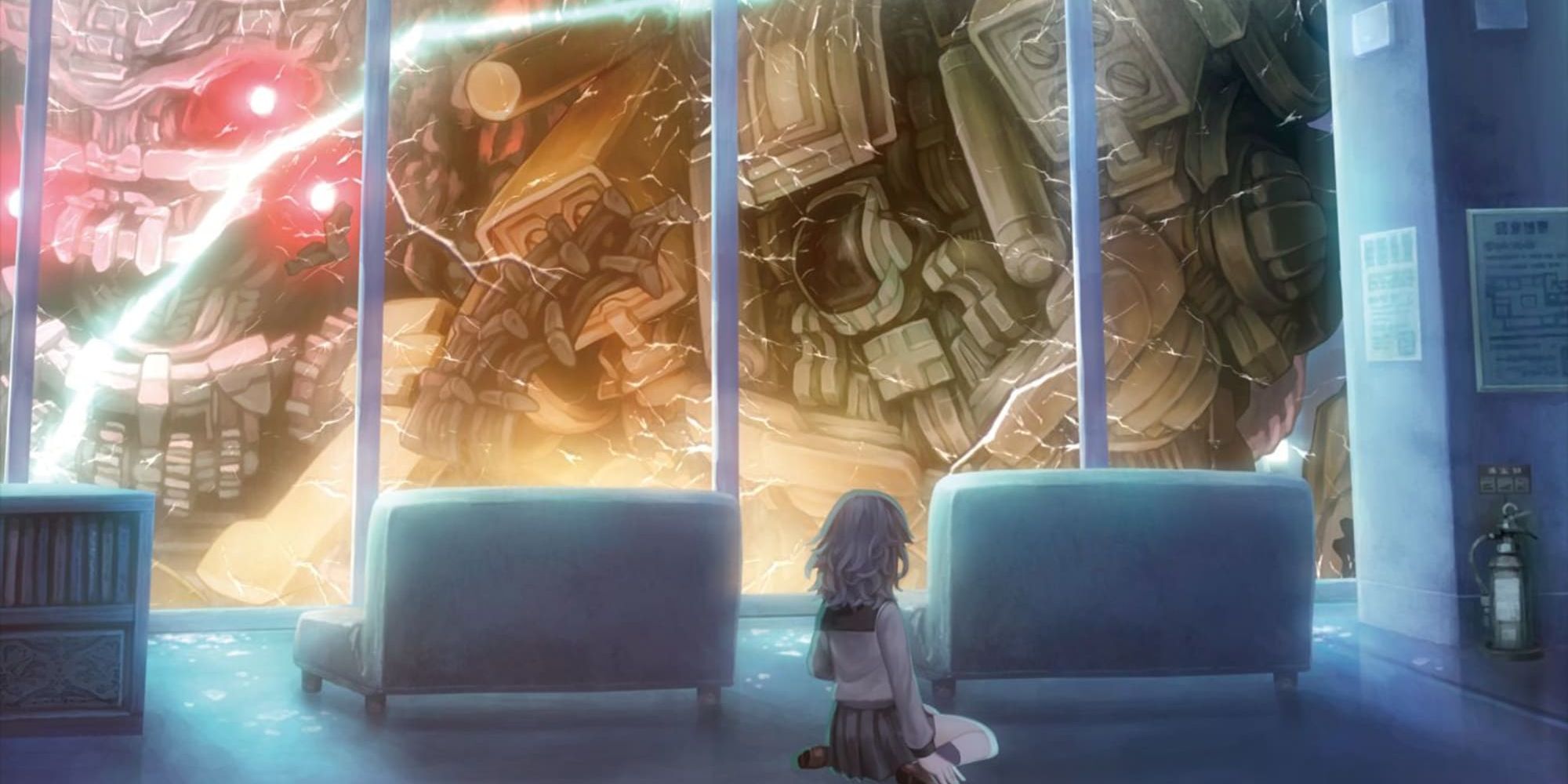 Ryoko Shinonome cowers from an invading Kaiju in 13 Sentinels: Aegis Rim