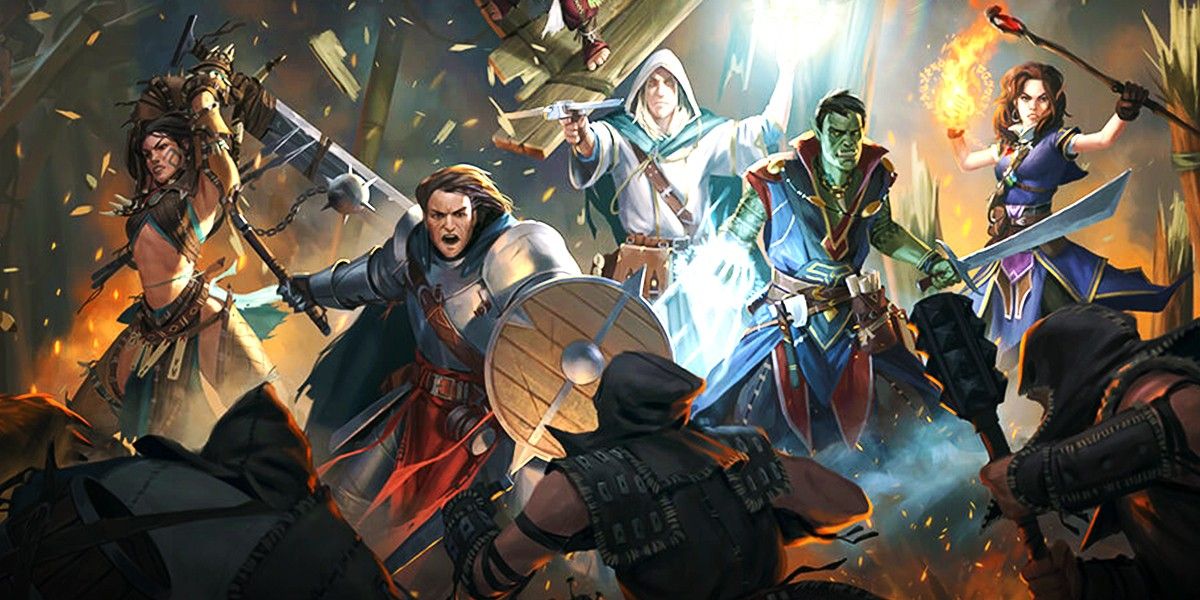 Pathfinder Kingmaker Fantasy battle between two groups promo art