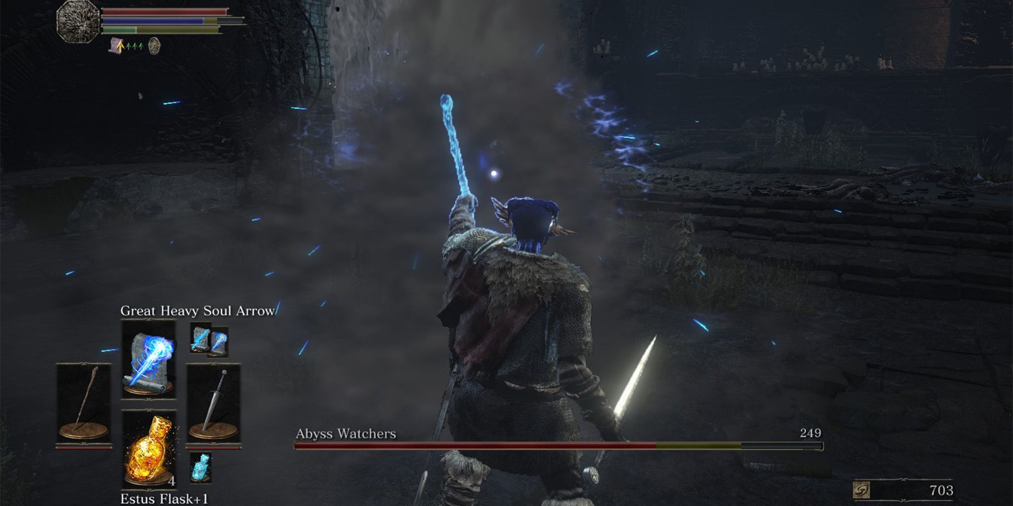 a player fighting the Abyss Watchers with a Sorcery build in Dark Souls 3