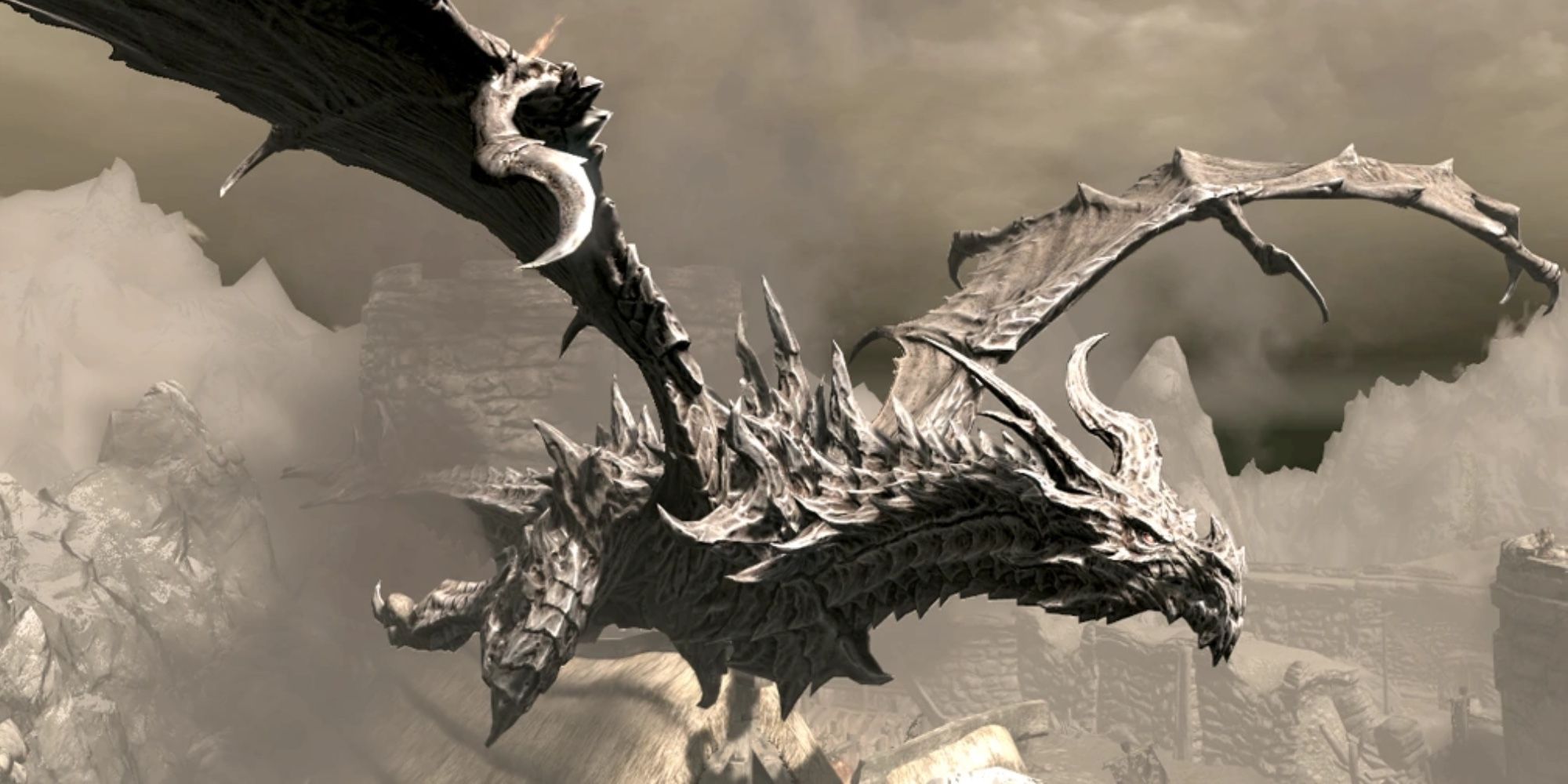 Alduin flying from the ruins of Helgen