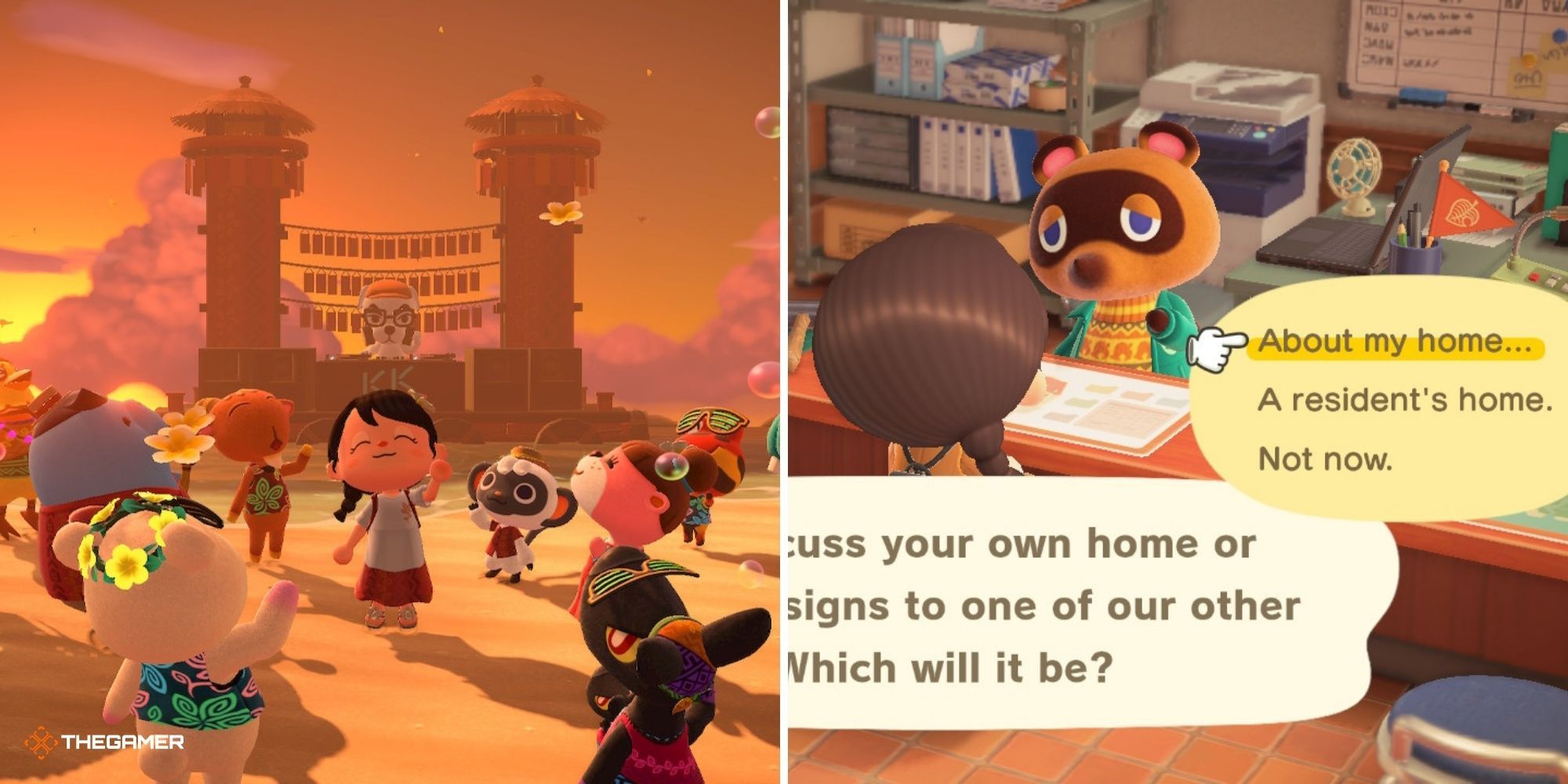 Animal Crossing New Horizons - DJ KK Concert on left, Talking to Tom Nook about remodels on right