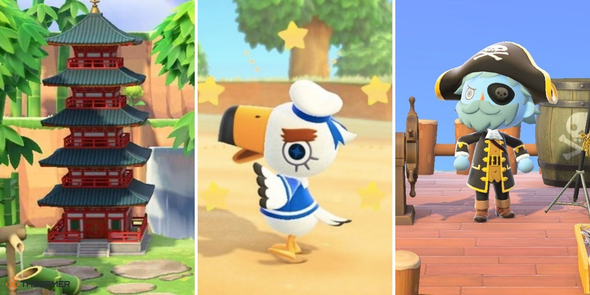 Animal Crossing New Horizons - Gulliver in centre, pirate on right, Pagoda on left