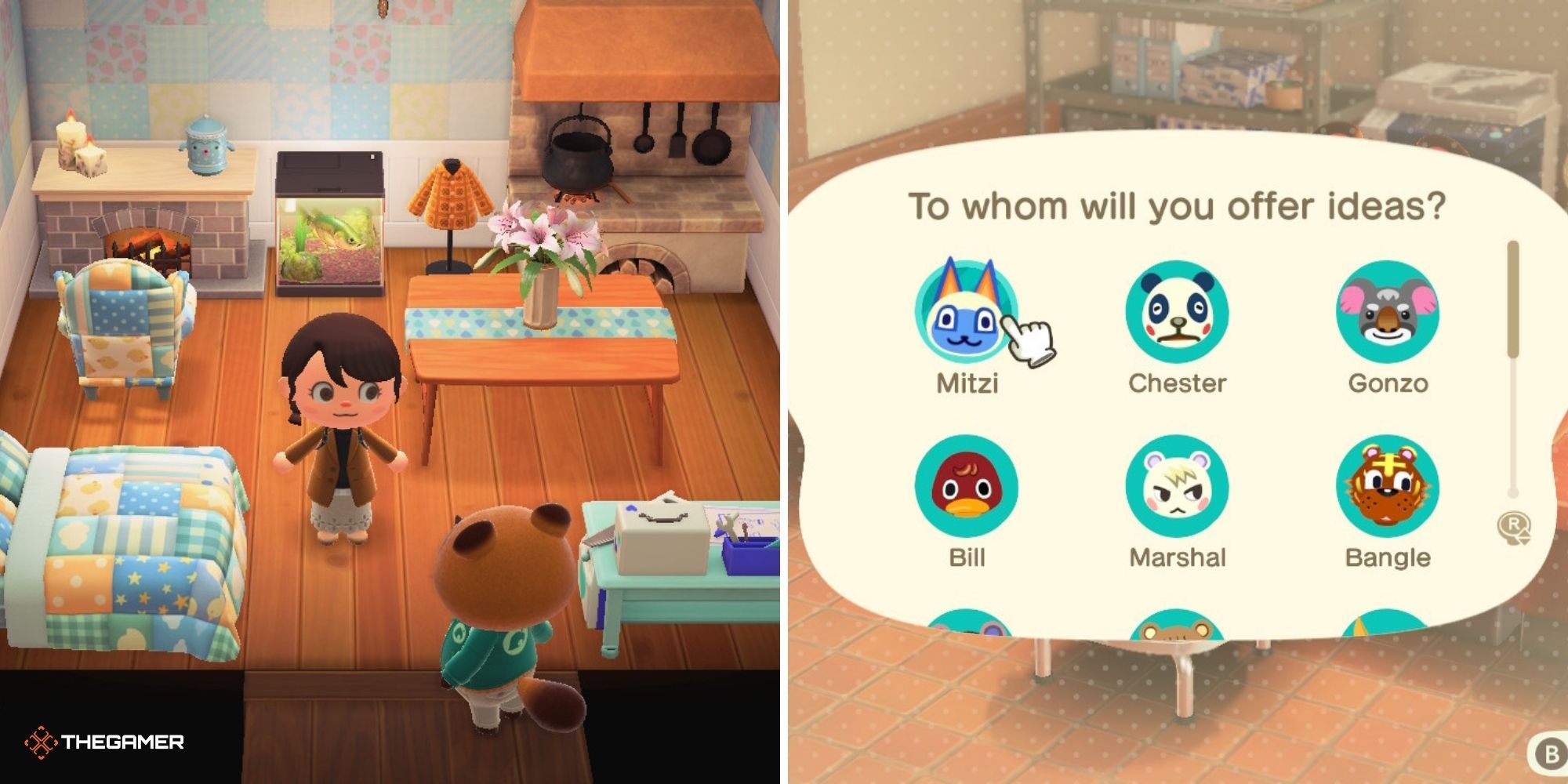 Animal Crossing New Horizons - Remodeling Azalea's house on left, list of residents on right