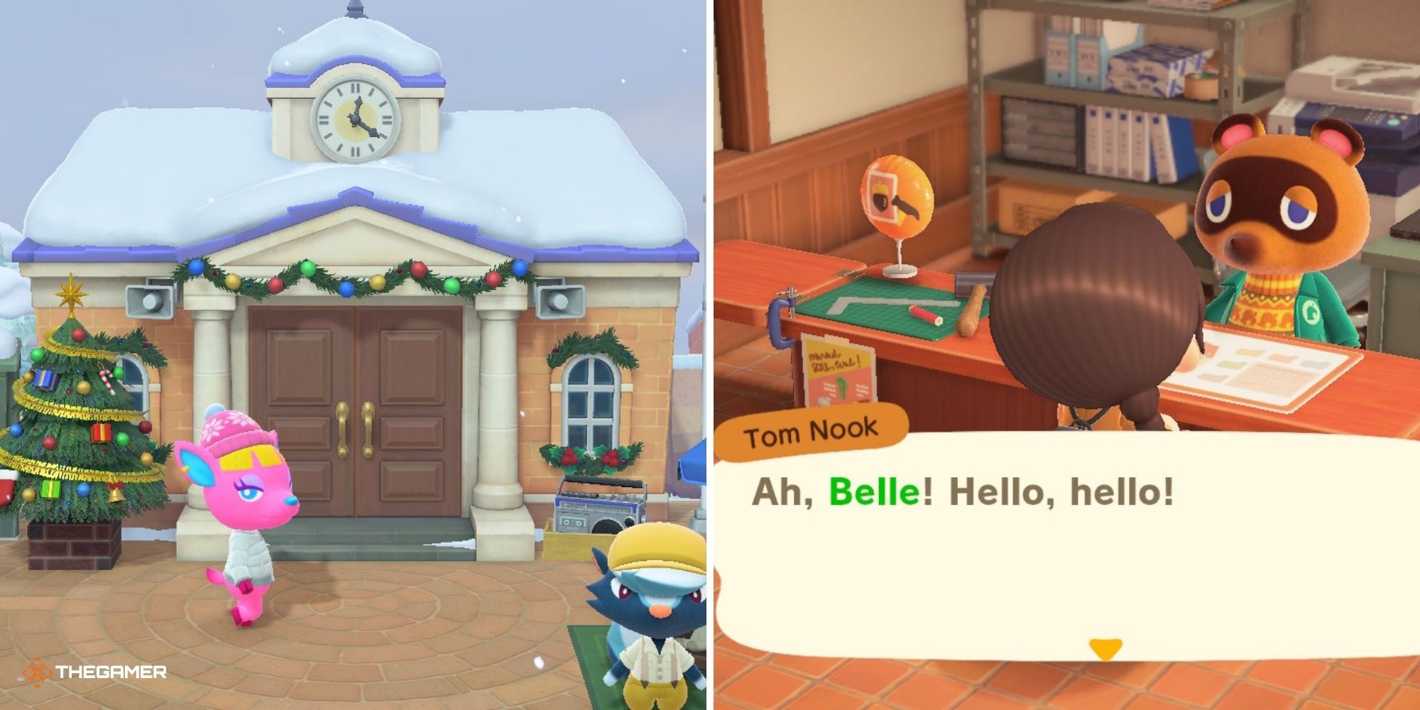 Animal Crossing New Horizons - Resident Services on left, talking to Tom Nook on right