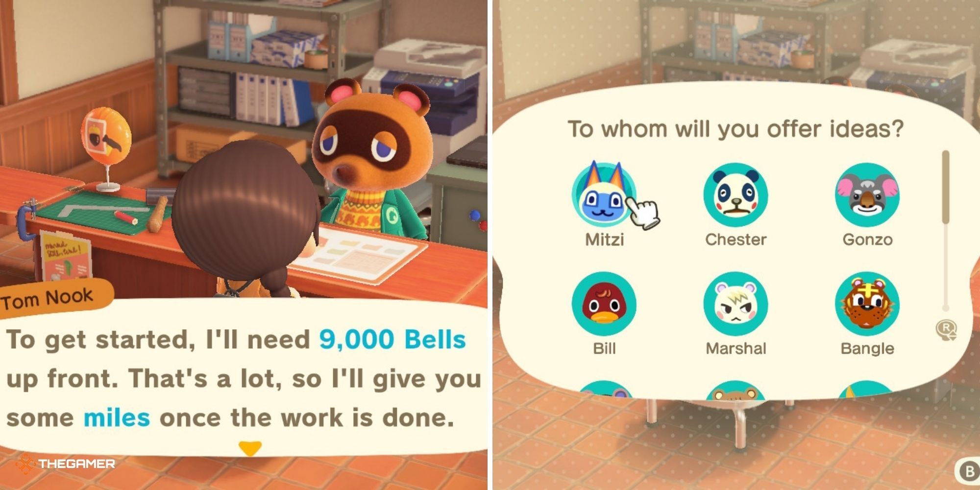 Animal Crossing New Horizons - Talking to Tom Nook on left, Resident List on right