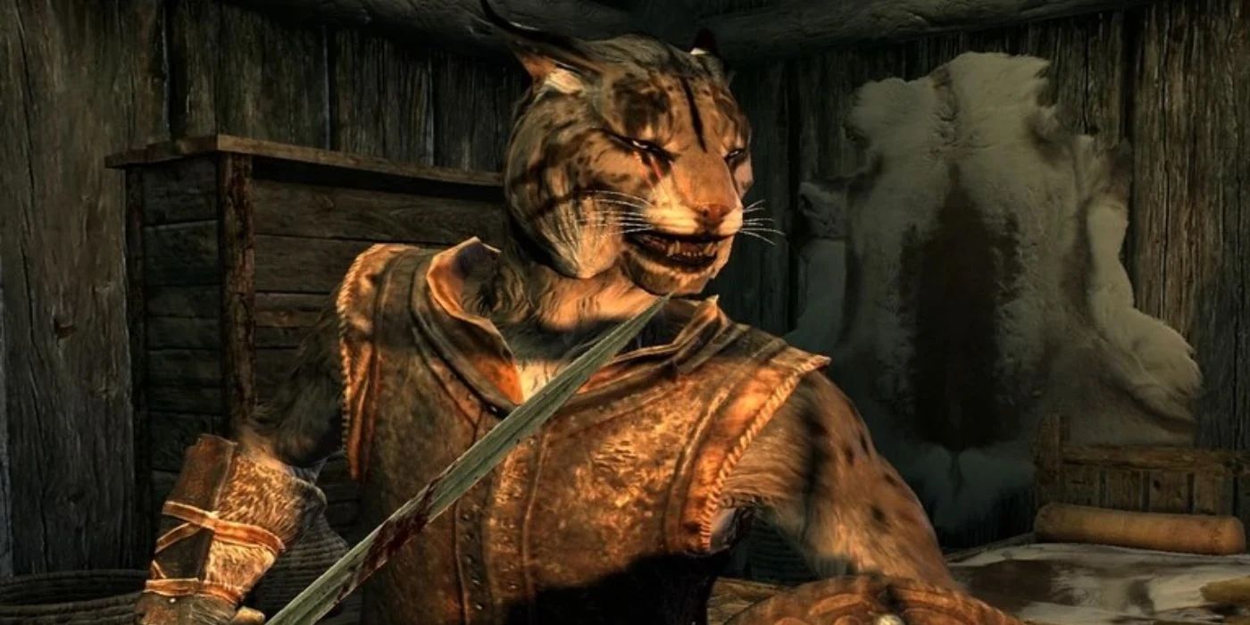 Screenshot of a Khajiit with a sword in Skyrim