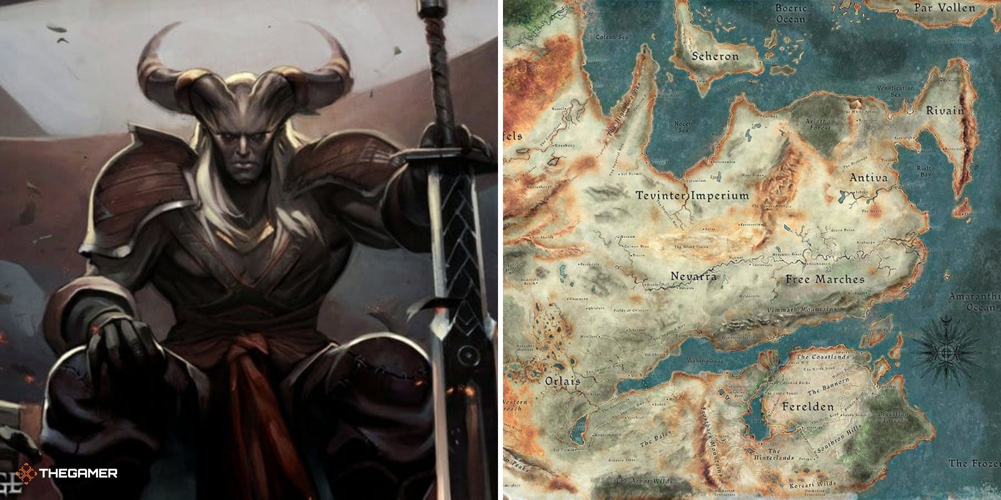 Arishok on left, map of Thedas on right - Dragon Age