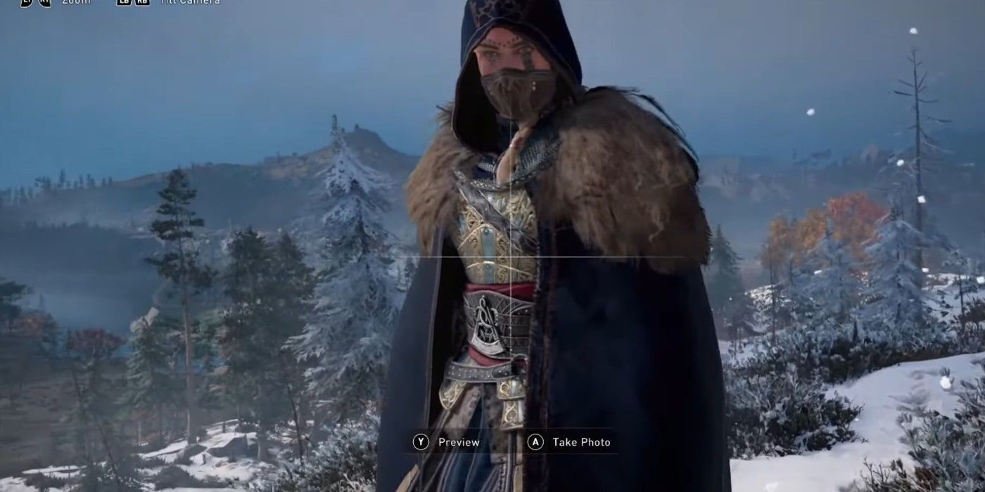 Assasin's Creed Valhalla Magister's Armor set complete in icy woodlands