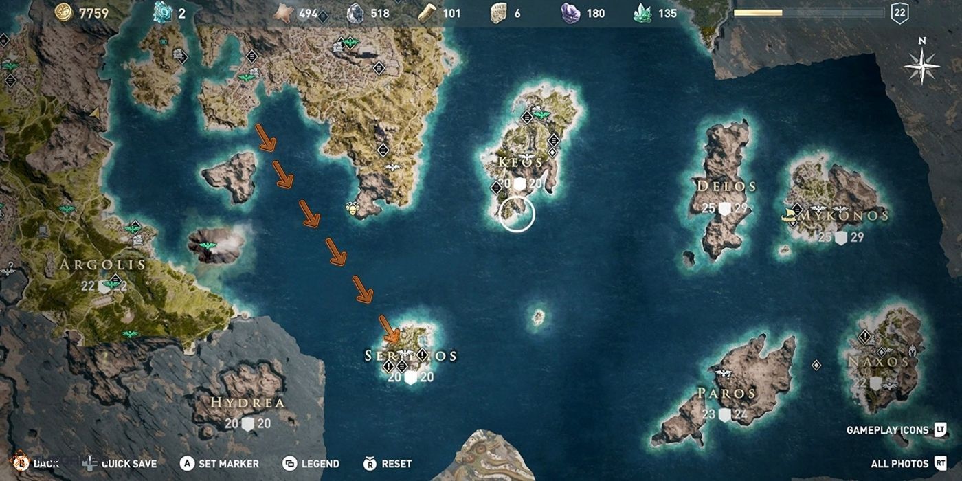 Assassin's Creed Odyssey - Map with path from Athens to Seriphos marked