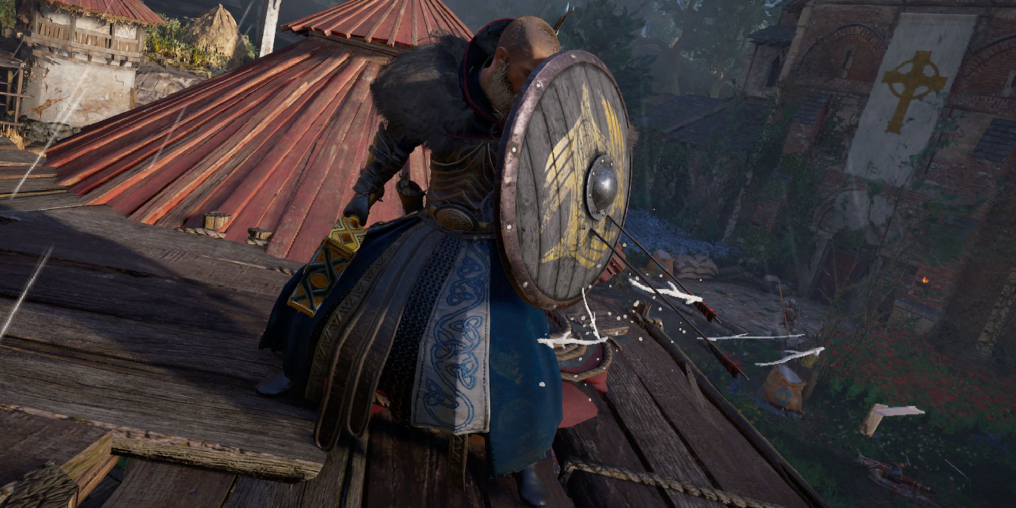 Assassin's Creed Valhalla Screenshot Of Eivor With Shield That Has Arrows In It