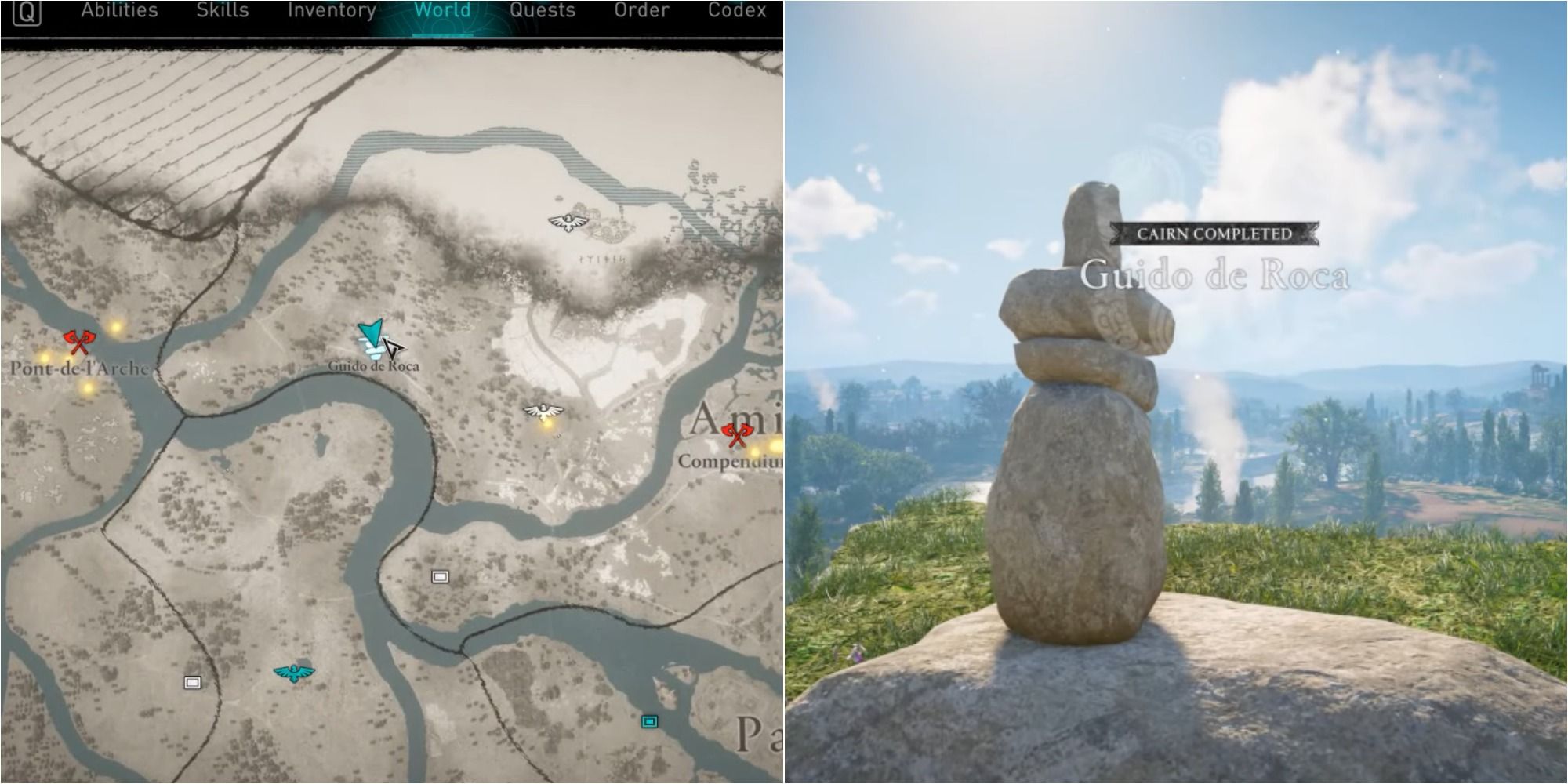 Assassin's Creed Valhalla Split Image Showing Guido De Roca Cairn Location