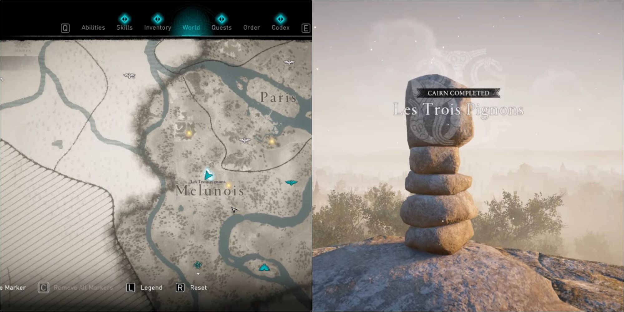 Assassin's Creed Valhalla Split Image Showing Les Trois Pignons Cairn