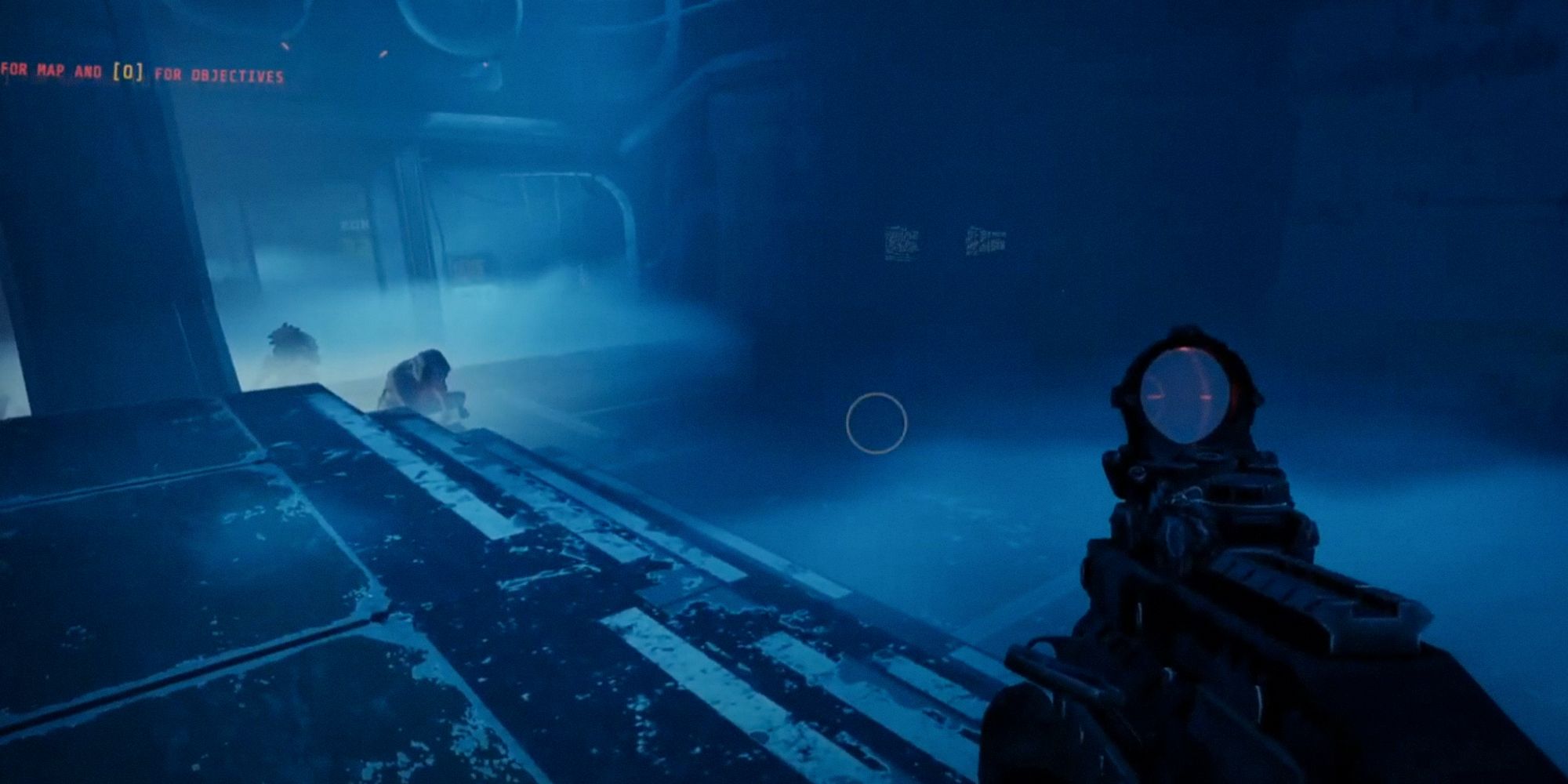 rifle on the right of the screenshot. enemies ahead to the left. blue misty air.