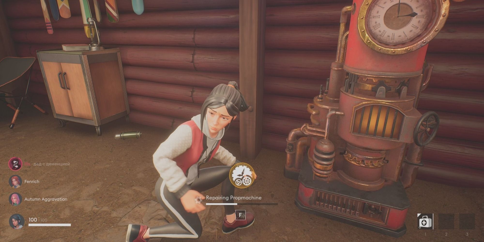 Taiga kneels in front of a propmachine at Camp map, activating a repair skill check
