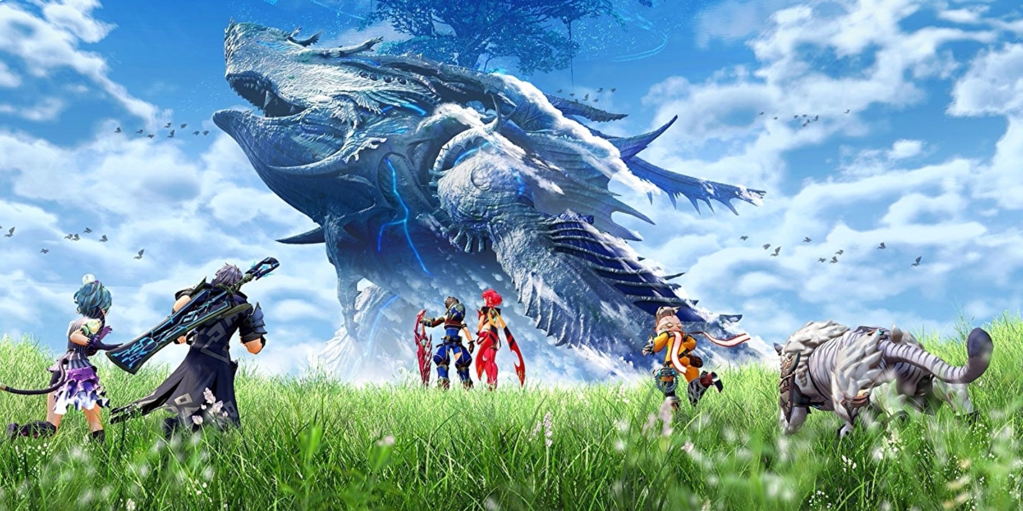 Best fictional planets wide shot of Xenoblade Chronicles 2's Rex, Pyra, Zeke, Pandoria, Nia and Dromarch running across a grassy field towards a hovering Titan in Alrest
