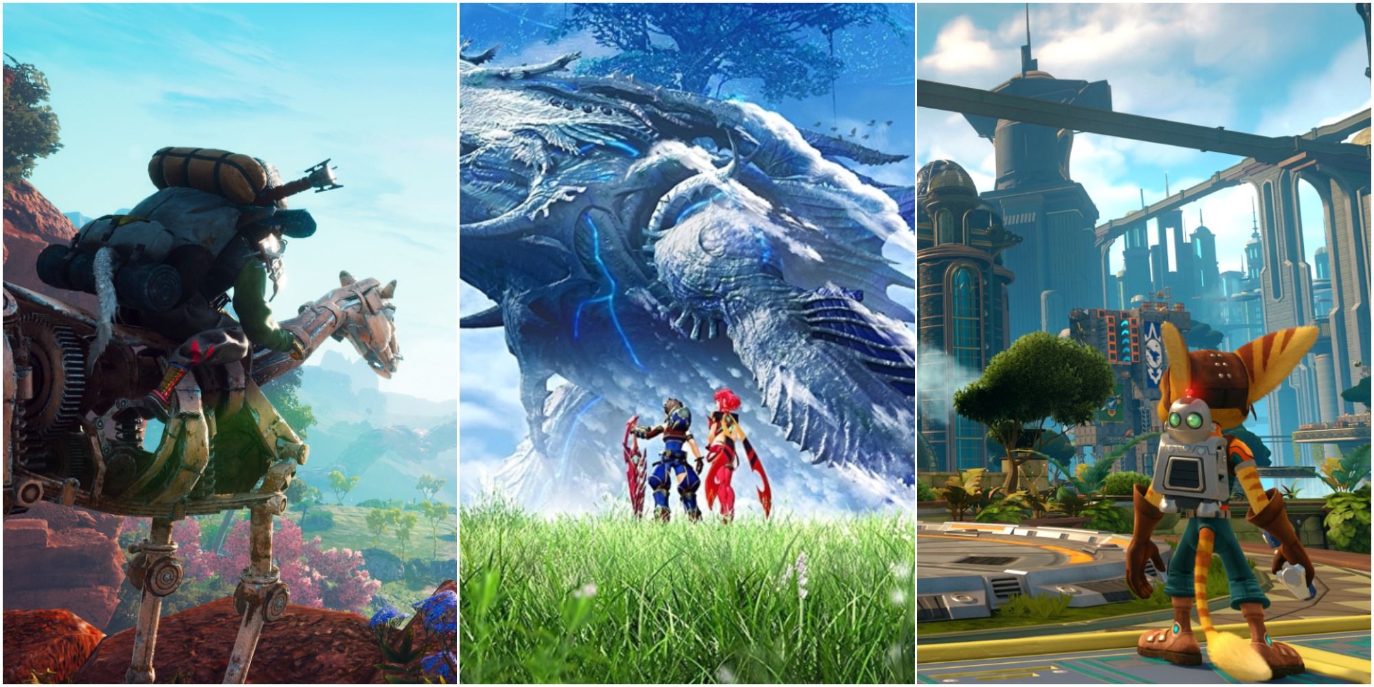 Best Fictional Planets New World from Biomutant on the left, Alrest from Xenoblade Chronicles 2 in the middle and Kerwan from Ratchet & Clank on the right