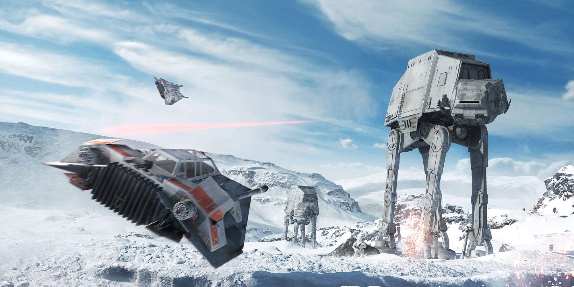 Best Fictional Planets a wide shot of a snowspeeder flying towards two AT ATs in the snow covered planet of Hoth in Star Wars Battlefront 2