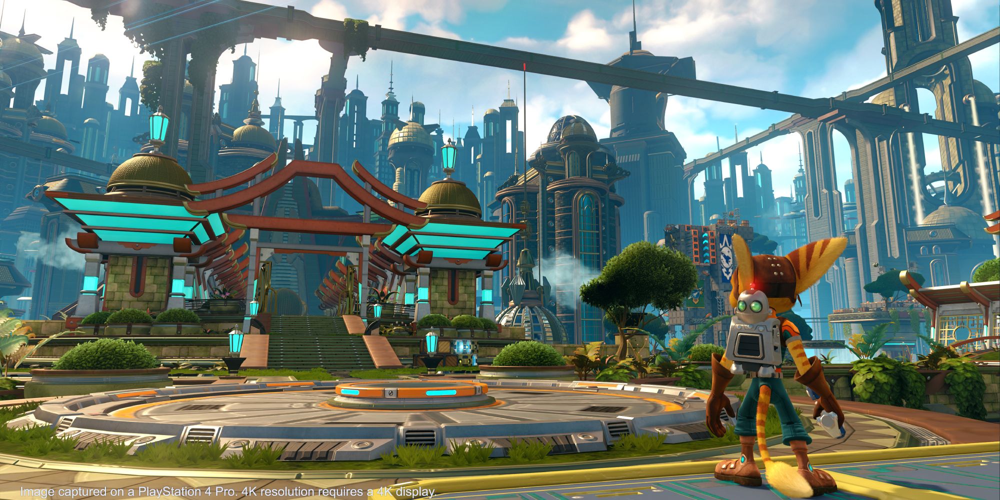 Best Fictional Planets a wide shot of Ratchet from the game Ratchet & Clank stood looking at the futuristic metropolis looming in the distance on the planet Kerwan