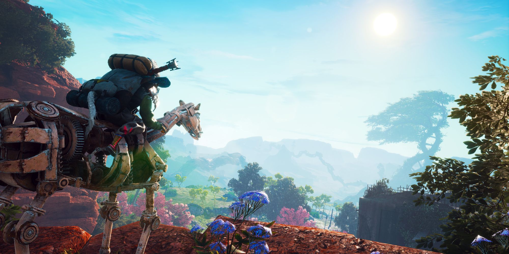 Best Fictional Planets a wide shot of the protagonist of Biomutant on a metal horse overlooking the vast verdant valleys of New World with the Tree of Life looming in the distance 
