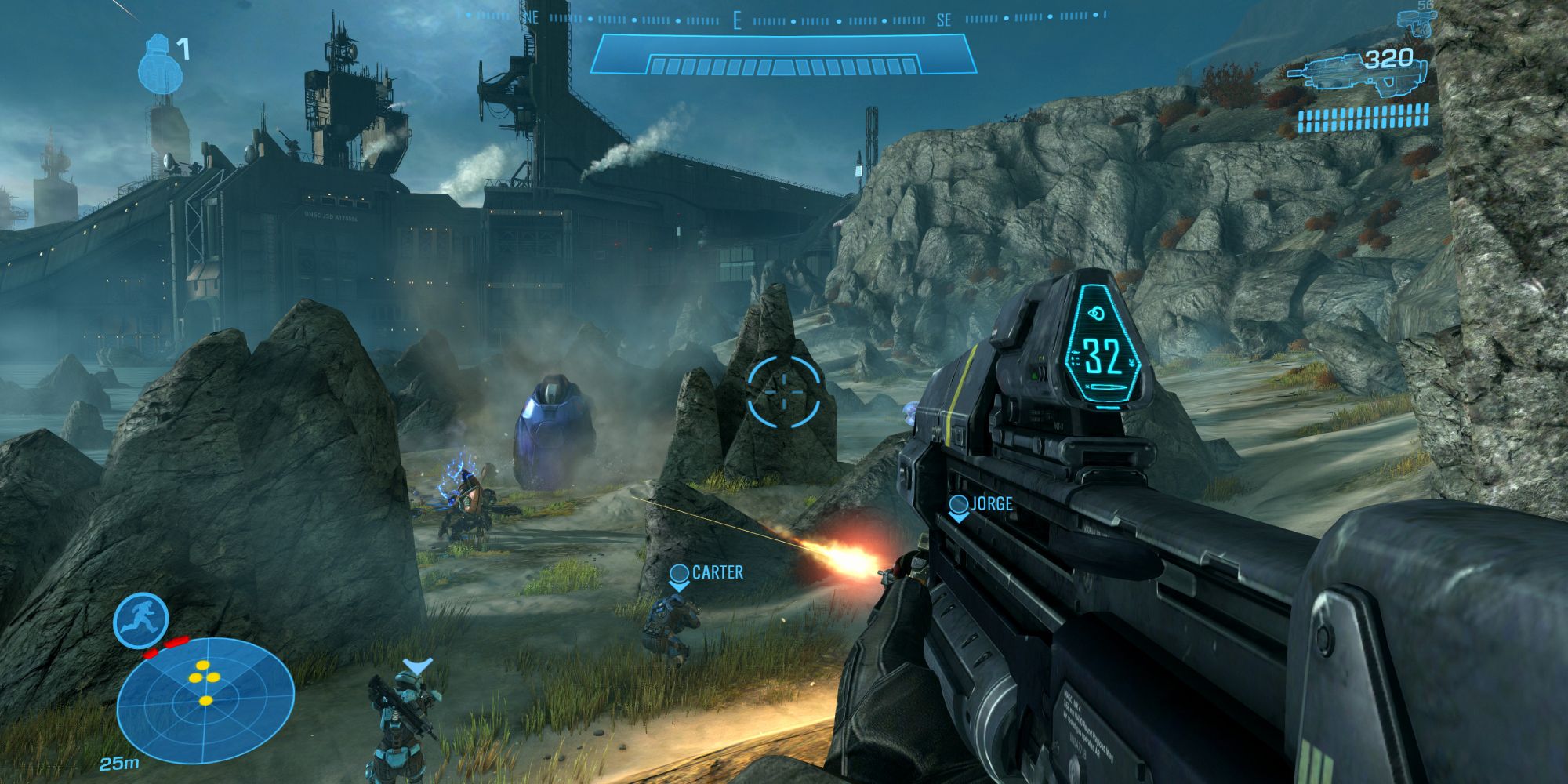 Best Fictional Planets a first-person perspective of Noble 6 in the game Halo Reach holding a MA40 AR overlooking a beach in which their fellow teammates are fighting the Covenant forces
