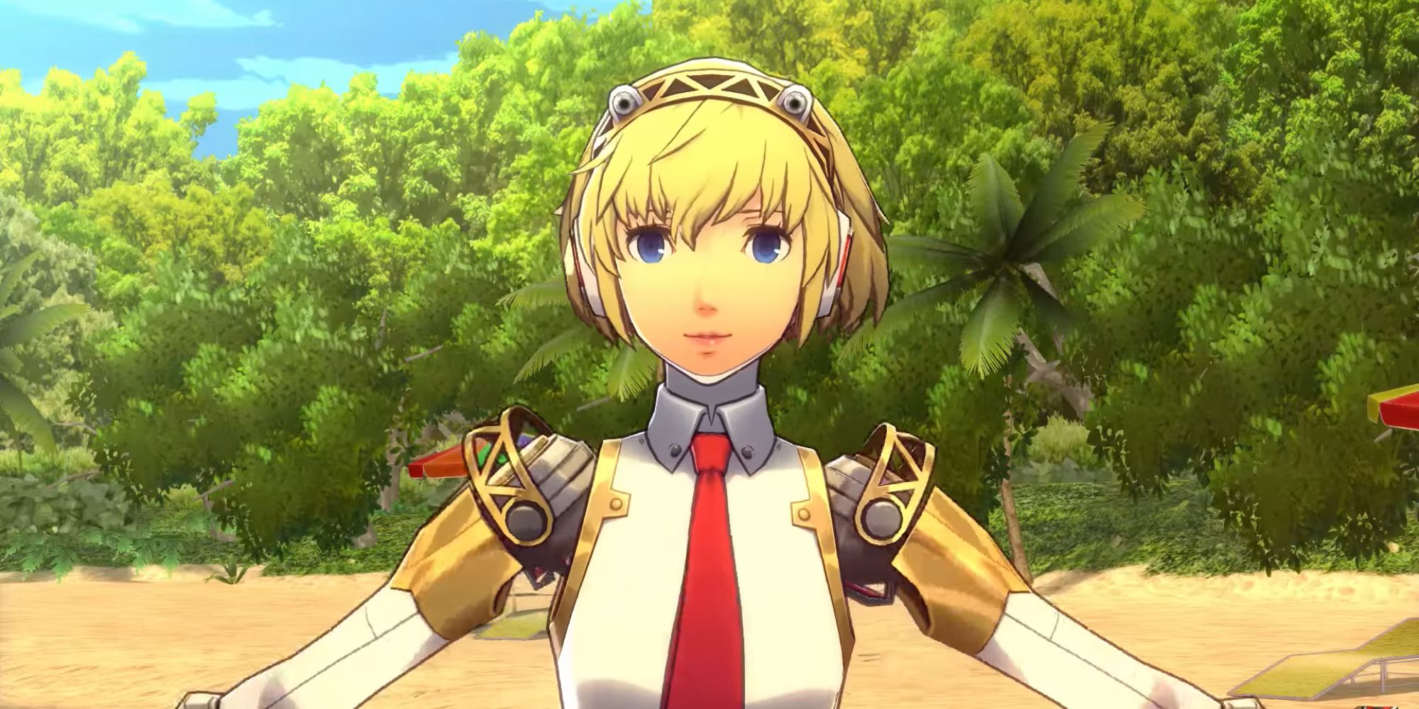 Best Robots a mid shot of Aigis from Persona 3: Dancing in the Moonlight with a beach and a row of trees behind her